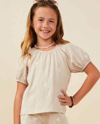 Brant Embroidered Bow Top- Taupe