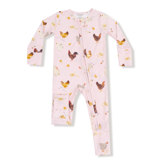 2 Way Zipper Romper- Pink Collector Chickens