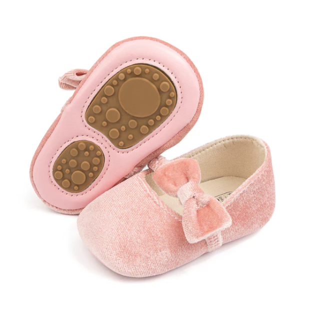 Baby Bow Velvet Slip On Flats - Pink