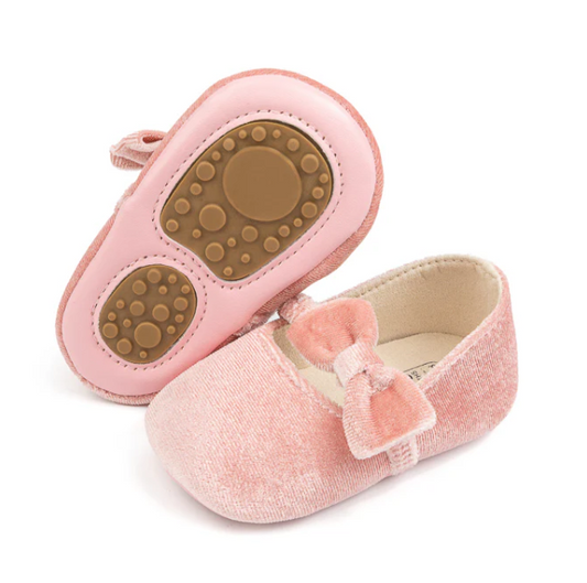 Baby Bow Velvet Slip On Flats - Pink