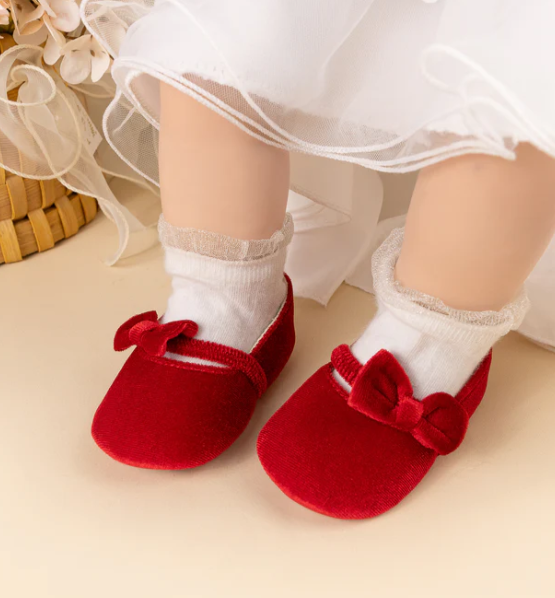 Baby Bow Velvet Slip On Flats - Red