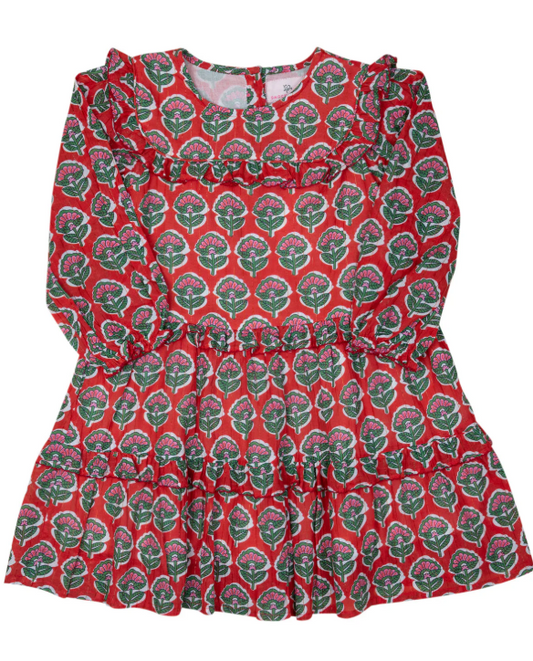 Floral w Gold Lurex Dress- Red/Green