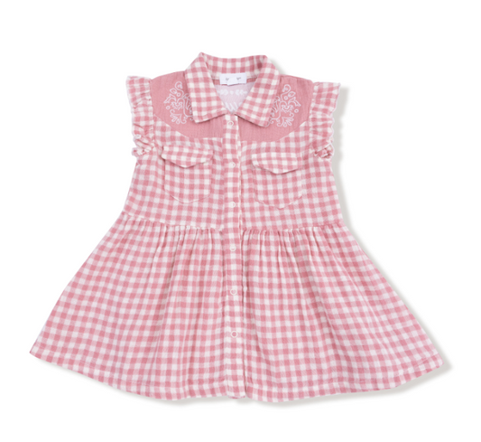 Western Pearl Dress + Diaper Cover- Rose Pink Plaid
