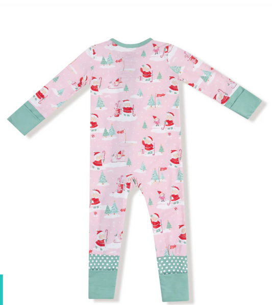 Golfing Mrs. Claus and Elves 2 Way Zipper Romper - Pink