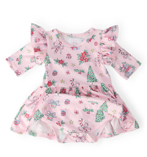 Pink Christmas 3/4 Sleeve Twirl Flutter Bodysuit