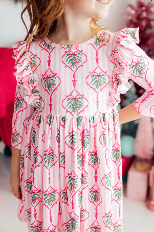 Pink Christmas 3/4 Sleeve Ruffle Twirl Dress