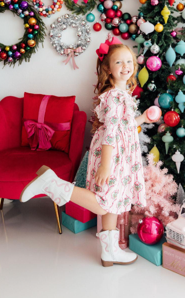 Pink Christmas 3/4 Sleeve Ruffle Twirl Dress