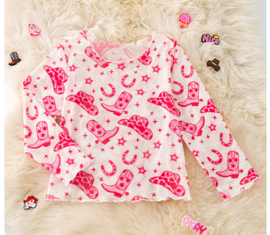 Pink cowgirl boot mesh long sleeve top