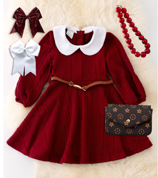 Burgundy flare dress w/belt