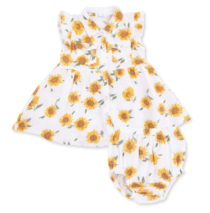 Western Pearl Snap Dress & Bloomer- Baby Sunflower