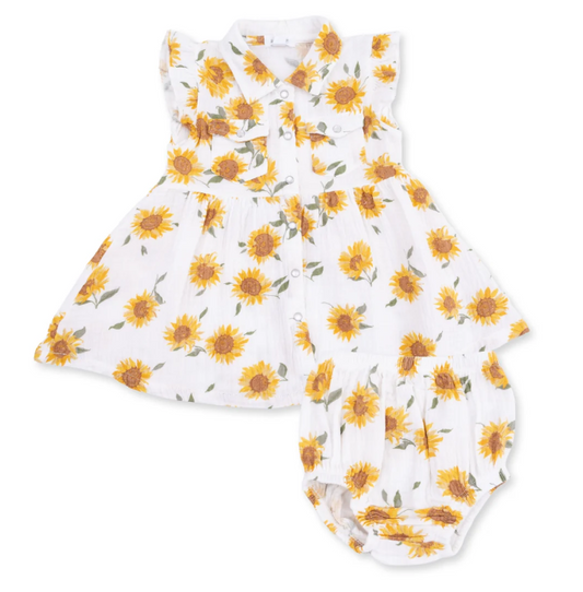 Western Pearl Snap Dress & Bloomer- Baby Sunflower