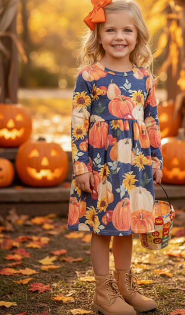Halloween Pumpkin & Sunflower Dress-Navy