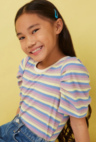 Caledon Stripe Ribbed Puff Top- Teal