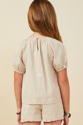 Brant Embroidered Bow Top- Taupe