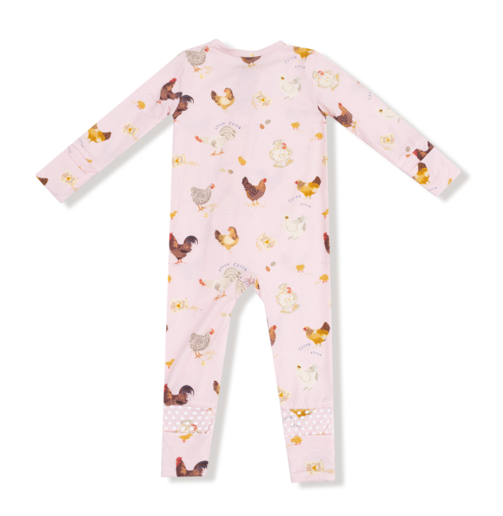 2 Way Zipper Romper- Pink Collector Chickens