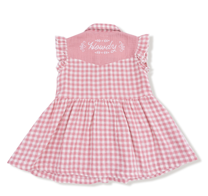 Western Pearl Dress + Diaper Cover- Rose Pink Plaid