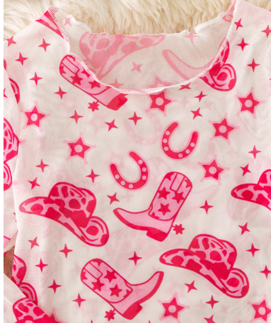 Pink cowgirl boot mesh long sleeve top