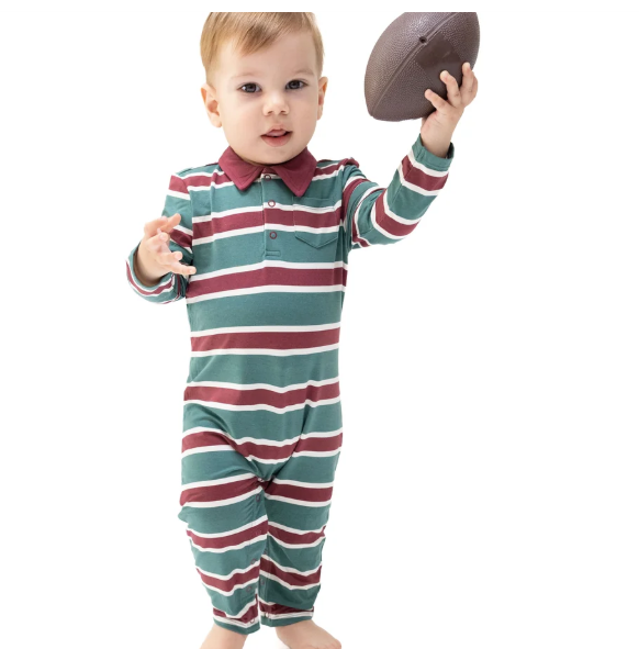 Rugby Polo Romper- Green Stripe