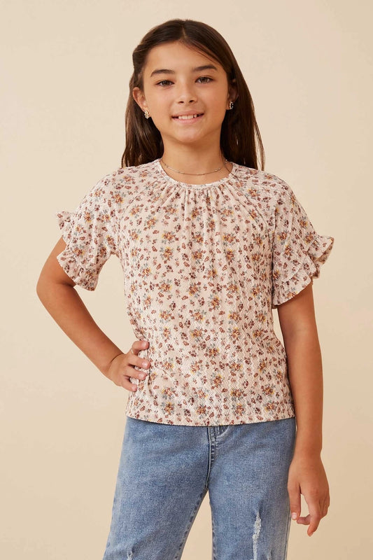 Floral Print Velvet Knit Ruffle Sleeve Top