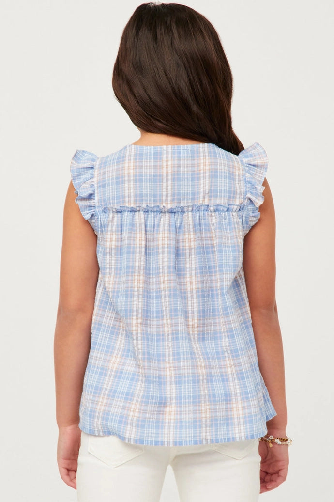 Textured Plaid Ruffled Button Up Tank