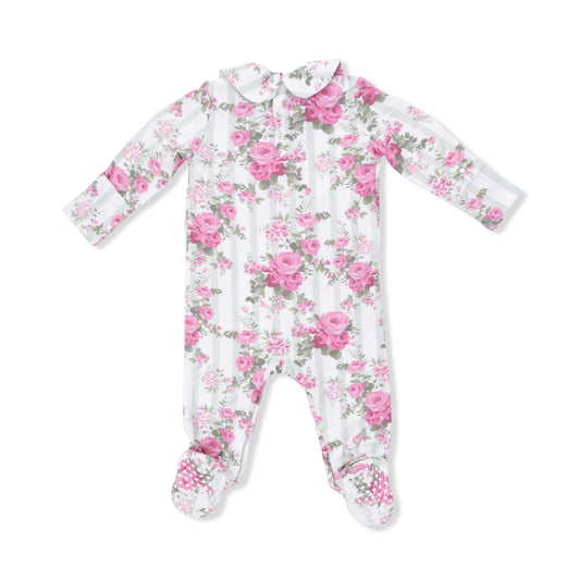 Cabbage Rose Stripe- Smocked Snap Footie