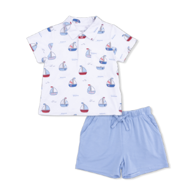 Bubbly Sailboats Blue- Polo w/Casual Short