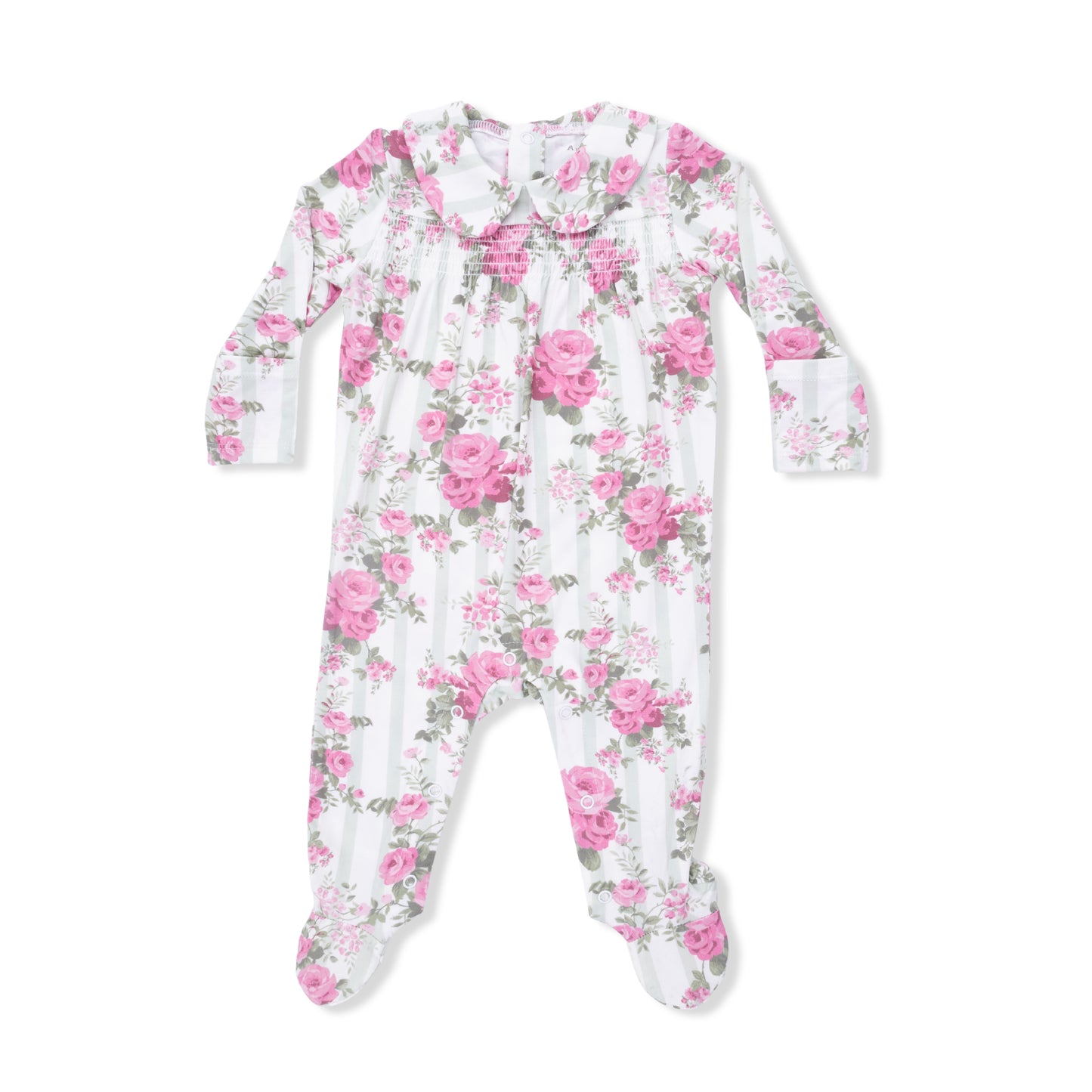 Cabbage Rose Stripe- Smocked Snap Footie