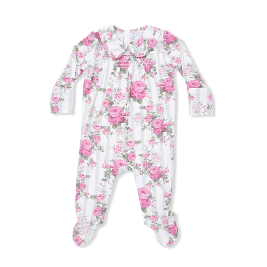 Cabbage Rose Stripe- Smocked Snap Footie